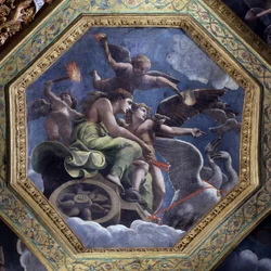 Wütende Venus beauftragt Psyche, Amor zu bestrafen. Fresko von Giulio Pippi de