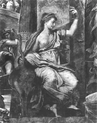 Gerechtigkeit, eine der zwei Tugenden um Papst Urban I. (gest. 230), Raphael-Räume (Detail)