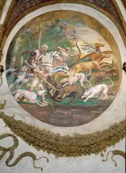Szene, die zeigt, dass diejenigen, die unter dem Zeichen des Krebses in Verbindung mit dem Sternbild des Mars geboren sind, im Jagen und Fischen geschickt sein werden, symbolisiert durch eine Jagdszene, aus der Camera dei Venti