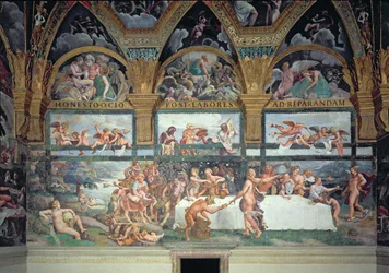 Das rustikale Bankett zur Feier der Hochzeit von Amor und Psyche, mit den drei Lünetten darüber, die eine von Psyches Prüfungen darstellen, um aus der Unterwelt ein Gefäß mit der Schönheit von Proser
