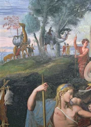Das edle Bankett zur Feier der Hochzeit von Amor und Psyche, Detail (Kopf von Apollo mit einer Prozession exotischer Tiere im Hintergrund)