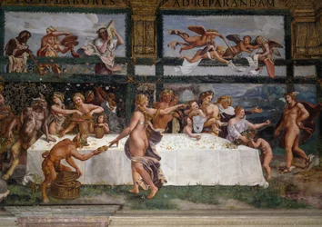 Hochzeitsfest oder Bankett der Götter, Fresko von Giulio Romano (1499-1546), Westwand der Kammer von Amor und Psyche, Palazzo Te, Mantua (UNESCO-Welterbeliste, 2008), Lombardei, Italien