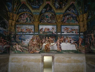 Hochzeitsfest oder Bankett der Götter, Fresko von Giulio Romano, Westwand der Kammer von Amor und Psyche, Palazzo Te, Mantua, Lombardei, Italien