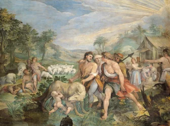 Romulus und Remus, von einer Wölfin gesäugt, werden von Faustulus am Ufer des Tiber gefunden, Fresko, Saal der Horatier und Curiatier, Konservatorenpalast, Rom, Römisches Königreich, Italien