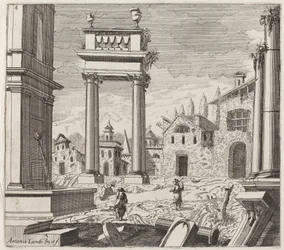 Architektonische Fantasie mit klassischen Ruinen und volkstümlichen Gebäuden