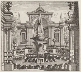 Fantastischer Garten mit einem Brunnen und einem Gartenpavillon