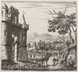 Landschaft mit Schloss und Zugbrücke