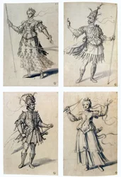 Guiseppe Arcimboldo (c1530-1593) italienischer Maler. Kostümentwürfe für klassische Gottheiten. Diana/Artemis und Mars/Ares.