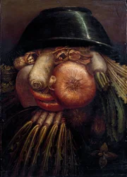 Porträt mit Gemüse (Der Gemüsehändler). Unter den dargestellten Gemüse- und Obstsorten: Nüsse, Rettich, Pilz, Knoblauch, Kastanie, Zwiebel, Salat, Haselnuss und Rübe. Gemälde von Giuseppe Arcimboldo (1527-1593)