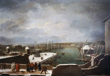 Ansicht des Hafens von Genua im Schnee
