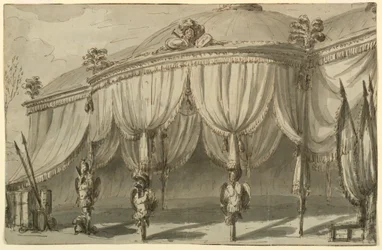 Bühnenbild, ein Pavillon mit Kriegstrophäen