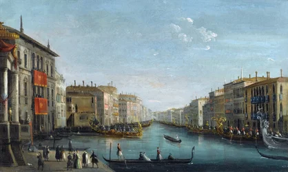 Blick auf den Canal Grande vom Palazzo Balbi in Richtung Rialto-Brücke mit einer Regatta