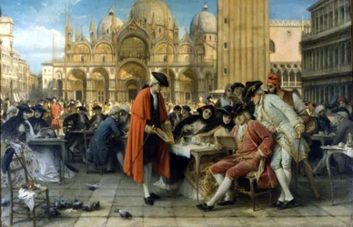 Der Maler Francesco Guardi verkauft seine Gemälde vor dem Caffè Florian. 1892. Galleria d