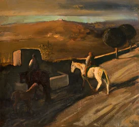 Weißes Pferd an der Tränke