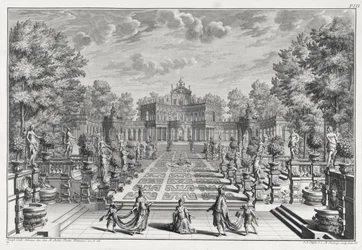 Bühnenbild für eine Oper in einem Garten, aus Architectus Theatralis Primarius, graviert von Johann Andreas Pfeffel (1674-1748), veröffentlicht 1740