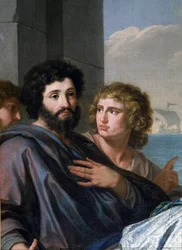 Heilige Paula (Santa Paola Romana) auf dem Weg ins Heilige Land. Eine Witwe im Alter von 33 Jahren, folgte sie dem Heiligen Hieronymus und reiste mit ihrer Tochter Sainte Eustochium 385 auf eine Pilgerreise zu den Heiligen Stätten. Detail eines bärtigen Ma
