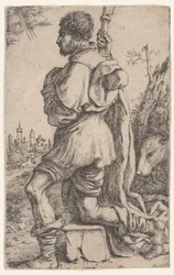 Heiliger Rochus, kniend auf einem Stein, von der Seite gesehen mit seinem Hund dahinter