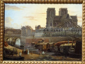 Die Saint-Charles-Brücke, das Hôtel-Dieu, das Erzbistum und Notre Dame gesehen vom Quai de la Tournelle in Paris. Gemälde von Giuseppe Canella (1788-1847)