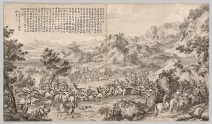 Angriff auf das Lager bei Gatan Ola: aus den Schlachtszenen der Niederschlagung von Aufständen..., ca. 1765-1774