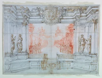 Zeichnung, Bühnenbild: Ballett Cele, 1674