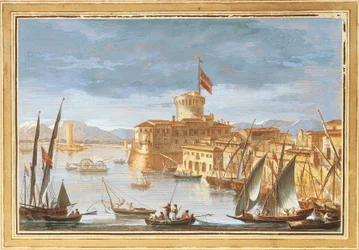 Ansicht des Hafens von Livorno, Illustration von Giuseppe Maria Terreni