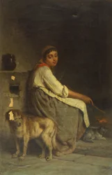 Frau mit Hund und Katze am Kamin