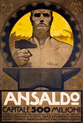 Arbeiter mit Hammer und Amboss, Plakat von Ansaldo aus Genua für die Zeichnung neuer Aktien