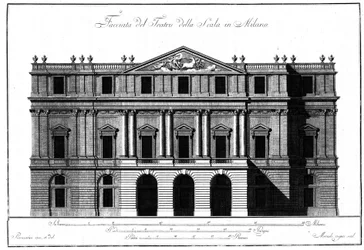 Zeichnung der Außenarchitektur der Fassade des Teatro alla Scala in Mailand.