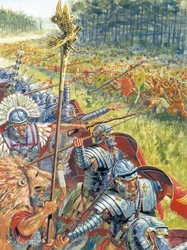 Antikes Rom: Römische Armee in Dakien zur Zeit des Kaisers Trajan um 105 n. Chr. - Illustration von Giuseppe Rava