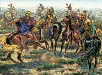 Antikes Rom: Revolte von Amsicora (Hampsicora oder Ampsicora) (3. Jahrhundert v. Chr.) Latifundist Karthager gegen römische Macht 215 v. Chr. - Illustration von Giuseppe Rava