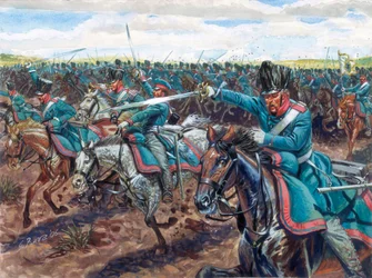 Napoleonische Kriege: Preußische Dragoner im Angriff (Illustration von Giuseppe Rava)