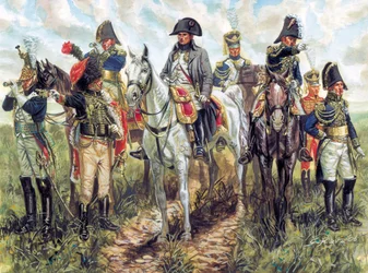 Porträt von Napoleon I. (1769-1821) und seinem Stab (Illustration von Giuseppe Rava)