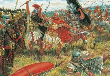 Römische Antike: Julius Caesar (100-44 v. Chr.) gewinnt die Schlacht von Munda am 17. März 45 v. Chr. in Südspanien gegen die Anhänger der Republik (Illustration von Giuseppe Rava)