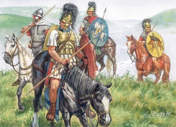 Römische Antike (Republik): Eine Gruppe römischer Reiter - Illustration von Giuseppe Rava