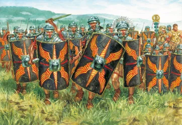 Römische Antike: Eine Gruppe römischer Legionäre (Illustration von Giuseppe Rava)