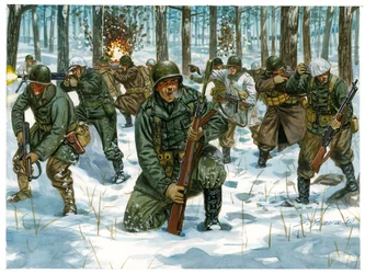 Zweiter Weltkrieg: Amerikanische Offensive während der Schlacht in den Ardennen, Dezember 1944 (Illustration von Giuseppe Rava)