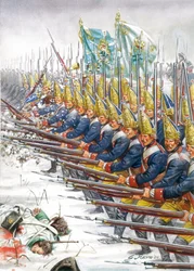 Siebenjähriger Krieg: Grenadiere der preußischen Armee während der Schlacht von Leuthen, 05.12.1757 - Illustration von Giuseppe Rava