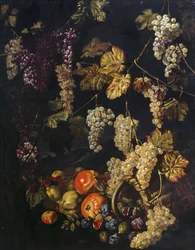 Stillleben mit Trauben, Weinblättern und anderem Obst