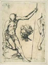 Figurenstudien: Mann mit Stange, Kopf eines Mannes mit Turban und ein linker Arm von hinten gesehen