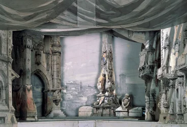 Platz vor der Kathedrale von Valladolid, Akt III, Szene IV, Bühnenbild von Charles Campon für Don Carlos von Giuseppe Verdi, Aufführung in Paris, Salle Le Peletier Opernhaus, 11. März