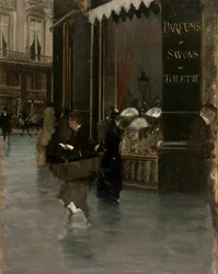 La parfumerie Violet, an der Ecke des Boulevard des Capucines und der Rue Scribe, ca. 1880