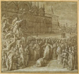Die Versöhnung zwischen Papst Alexander III. und Friedrich Barbarossa in Anwesenheit des Dogen Sebastiano Ziani