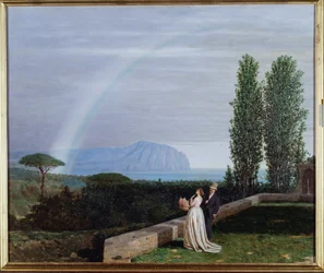 Landschaft bei Genua, ein Paar betrachtet einen Regenbogen