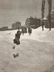 Es ist kalt!, Frau geht im Schnee, Gravur nach einem Gemälde von Giuseppe De Nittis, Zeichnung von Montefusco, L