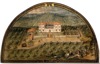 Villa „La Peggio“ von Giusto Utens (16. Jahrhundert). Männer spielen Ball. Museo di Firenze com
