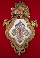 Die Blume Frankreichs, genealogischer Baum mit dreizehn Porträts von Ludwig XV. (1710-74) und seinen Nachkommen in einem fleur-de-lys-förmigen Rahmen, 1765 (Gold und Emaille)