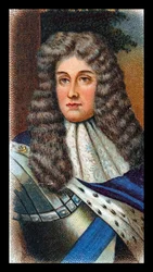 James II (1633-1701), König von Großbritannien und Irland 1685-88; floh nach Frankreich nach der Landung von Wilhelm von Oranien (Wilhelm III) in Torbay. Chromolithographiekarte nach Porträt von Godfrey Kneller