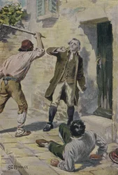 John Lombe von Italienern angegriffen, während er Italien besuchte, um Spinnmaschinen zu untersuchen