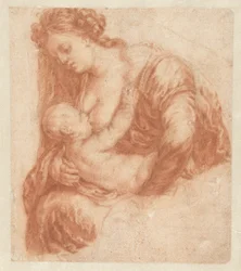 Frau, die ein Kind stillt (Kunstbuch oder Studiealbum von Caspar Netscher)