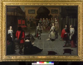 Karl II. von England (1630-1685) tanzt in Den Haag (Niederlande), Mai 1660, wahrscheinlich mit seiner Nichte Elizabeth van de Paltz (1616-1680), bei der Zeremonie zur Wiederherstellung seines Titels als König von England